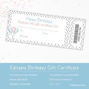 Birthday Gift Certificate Template | Printable & Editable | Birthday Balloons | DIY Birthday Gift | Last Minute Gift | Birthday Coupon Book