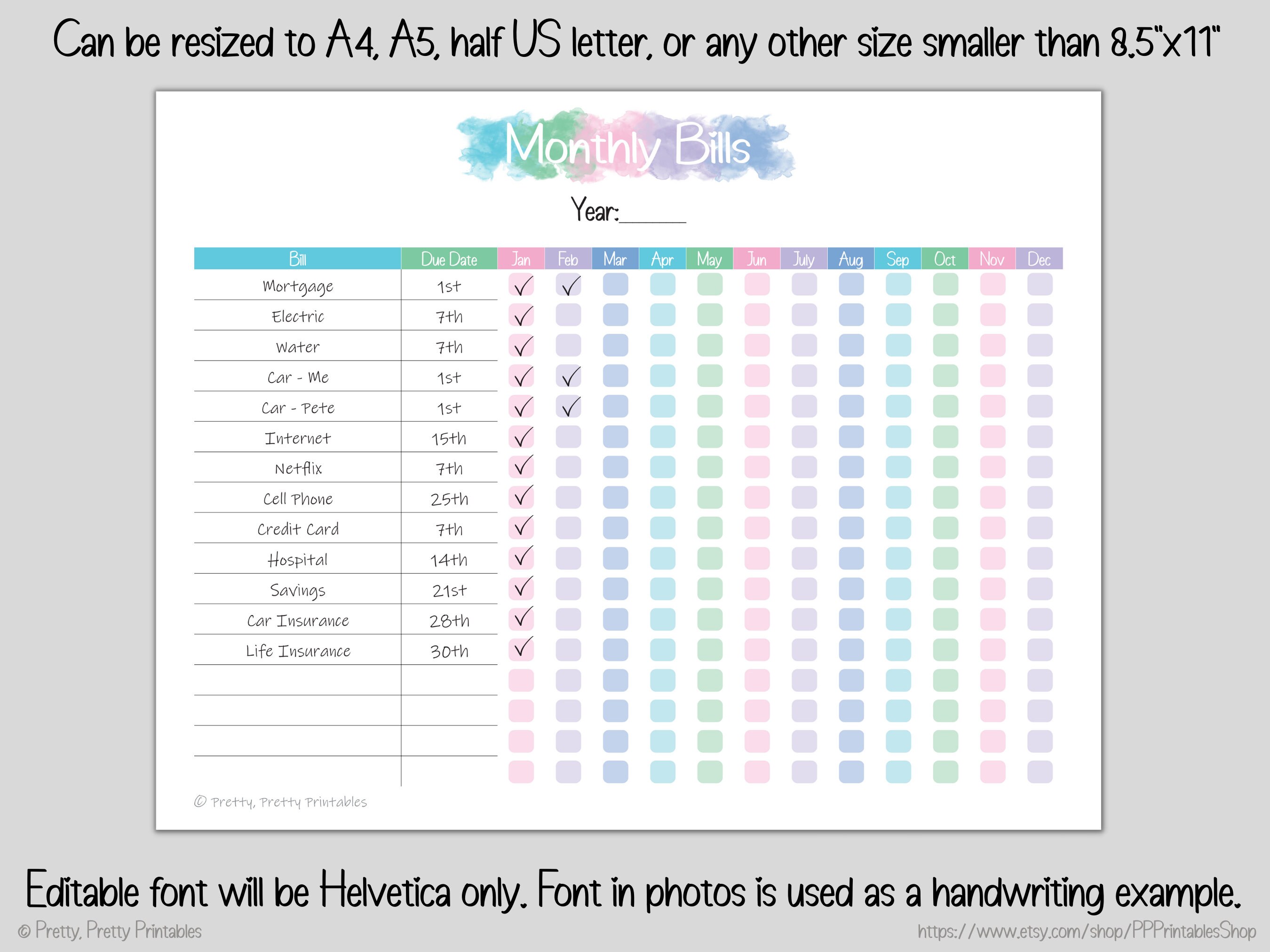 Annual Bill Tracker - Editable &amp; Printable - Pastel Rainbow ...