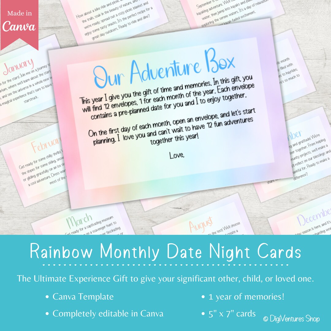 Rainbow Monthly Date Night Cards Adventure Box 12 Months of Dates