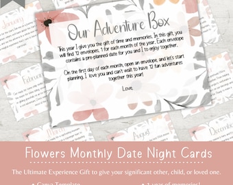 Monthly Date Night Cards | Adventure Box | 12 Months of Dates | Experience Gift | Last Minute Gift | DIY Present | Date Night Box | Memories