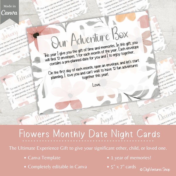 Monthly Date Night Cards | Adventure Box | 12 Months of Dates | Experience Gift | Last Minute Gift | DIY Present | Date Night Box | Memories