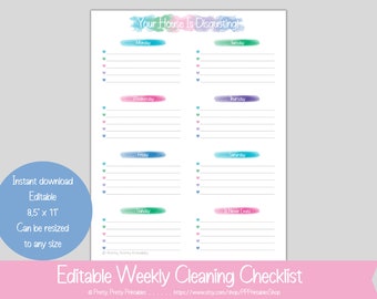 Funny Weekly Cleaning Checklist - Editable & Printable - Pastel Rainbow - Watercolor Banner - Housekeeping Checklist - Maid Checklist