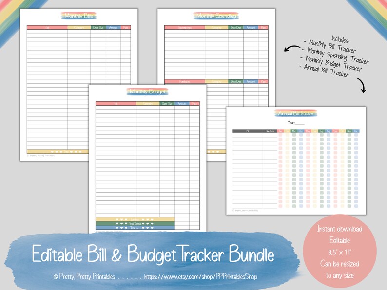 Monthly Bill Budget Tracker Bundle Editable & Printable Watercolor ...