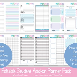 Puede incluir: Paquete de planificador estudiantil editable con 29 páginas, que incluye páginas de planificación de clases, notas, listas de tareas y horarios semestrales. Las páginas están diseñadas con un fondo de acuarela en tonos de azul, rosa y verde. El planificador mide 8,5 pulgadas por 11 pulgadas y se puede cambiar de tamaño a cualquier tamaño.