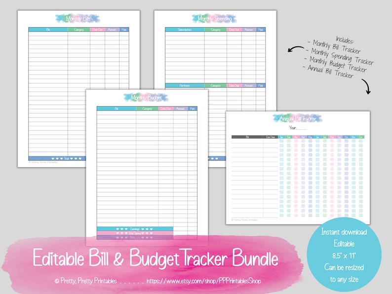 Monthly Bill + Budget Tracker Bundle - Editable & Printable - Pastel ...