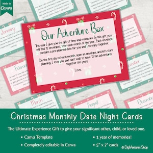 Tarjetas de cita nocturna de Navidad / Caja de aventuras / 12 meses de citas / Regalo de experiencia / Regalo de último minuto / Regalo de bricolaje / Caja de cita nocturna