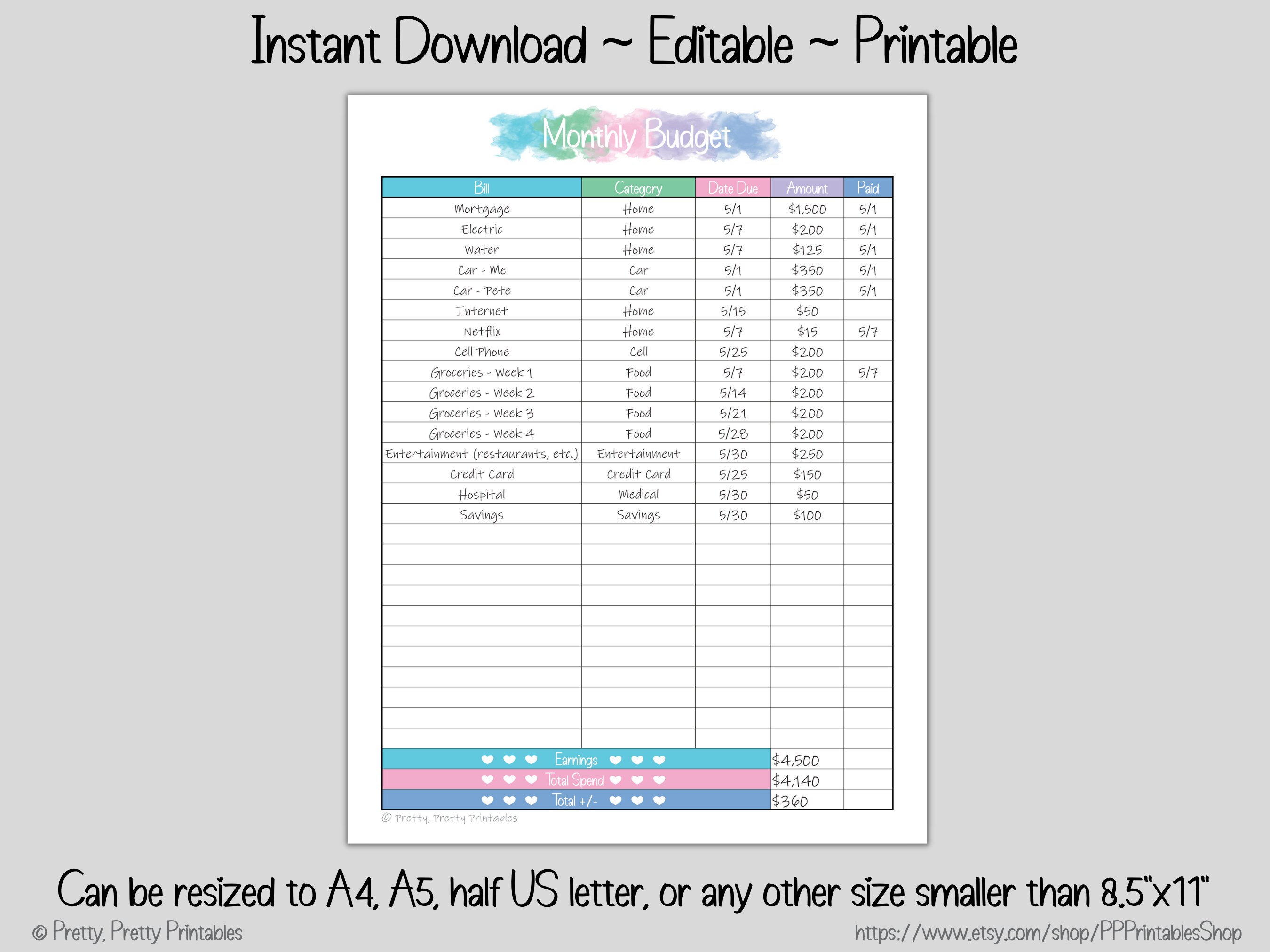Monthly Bill + Budget Trackers - Editable & Printable - Watercolor ...