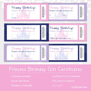 Birthday Gift Certificate Template | Princess Castle | Printable & Editable | DIY Birthday Gift | Last Minute Gift | Birthday Coupon Book