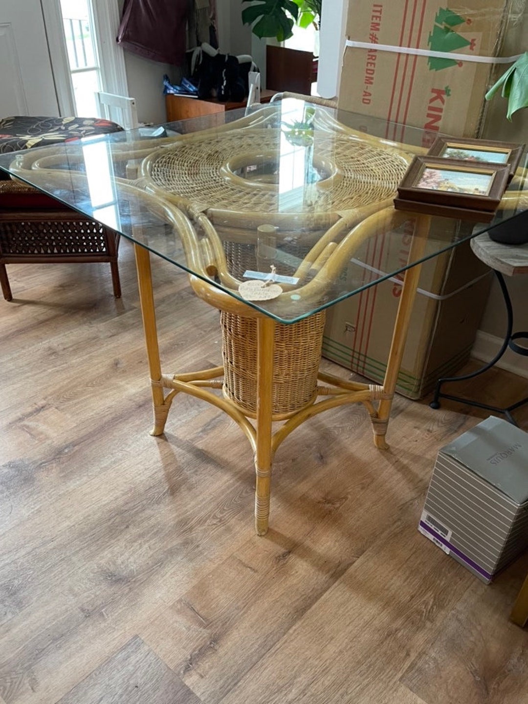 Vintage Boho Bamboo Wicker Glass Top Table Etsy