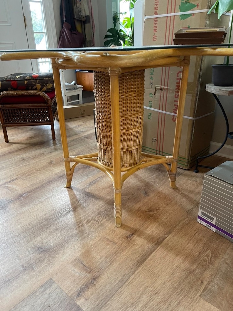 Vintage Boho Bamboo Wicker Glass Top Table Etsy