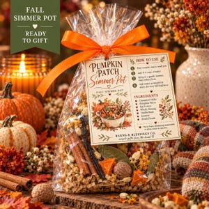 May include: A clear plastic bag filled with dried ingredients for a pumpkin patch simmer pot, tied with an orange ribbon. A rectangular tag attached to the bag features the text Pumpkin Patch Simmer Pot, instructions, and a list of ingredients.