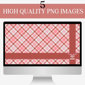 May include: A computer screen displaying a pink and white plaid pattern with a red banner at the bottom that says "Merry and Bright".
