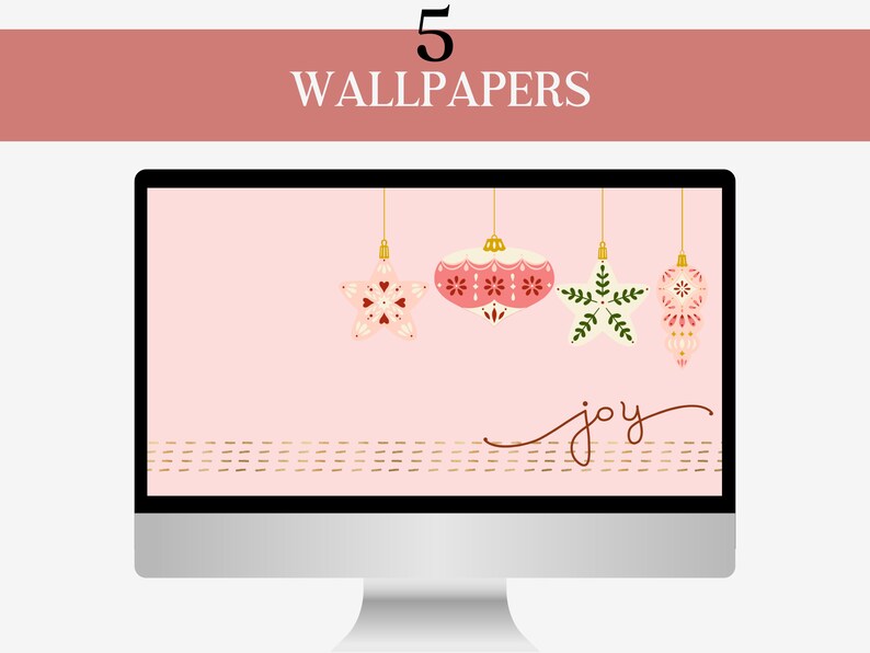 May include: A computer screen displaying a pink background with five hanging Christmas ornaments. The ornaments are a star, a round ornament, a star, and two teardrop ornaments. The text "joy" is written in cursive at the bottom of the screen.