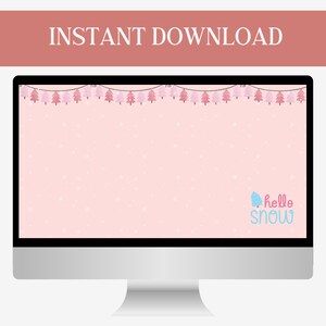 May include: A pink desktop background with a string of pink Christmas trees and the text "hello snow" with a blue snowflake.