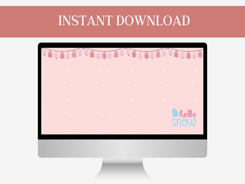 May include: A pink desktop background with a string of pink Christmas trees and the text "hello snow" with a blue snowflake.