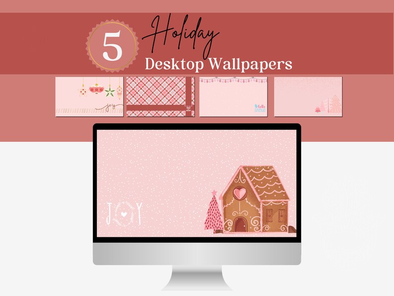 May include: A pink desktop computer screen with a pink and white gingerbread house with a heart on the door and a pink Christmas tree in front of it. The background is a light pink with white dots. The screen says "JOY" in white with a small heart in the middle.