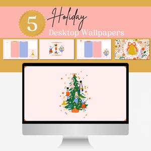 May include: A desktop computer screen displaying a pink background with a green Christmas tree decorated with ornaments and characters. The tree is surrounded by white snowflakes. The text "5 Holiday Desktop Wallpapers" is displayed at the top of the image.