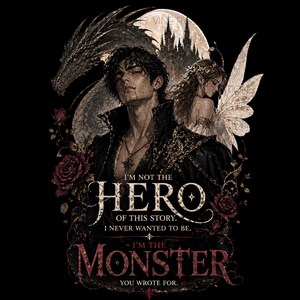 May include: Dark, gothic-style illustration featuring a man with dark hair and a dragon. A fairy-like figure is also present. The text reads "I'M NOT THE HERO OF THIS STORY. I NEVER WANTED TO BE. I'M THE MONSTER YOU WROTE FOR."