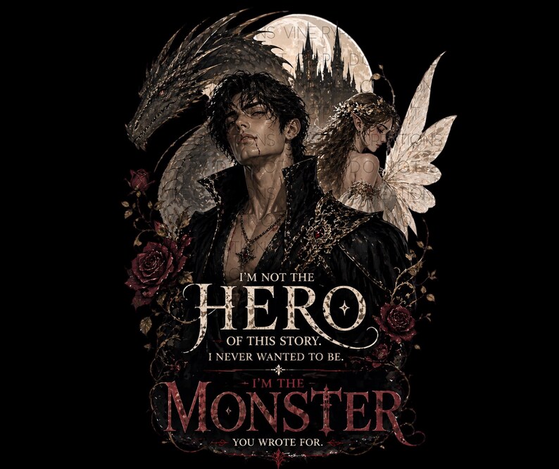 May include: Dark, gothic-style illustration featuring a man with dark hair and a dragon. A fairy-like figure is also present. The text reads "I'M NOT THE HERO OF THIS STORY. I NEVER WANTED TO BE. I'M THE MONSTER YOU WROTE FOR."