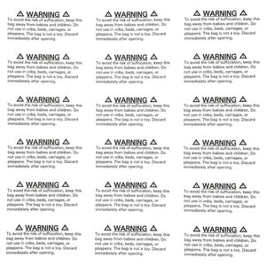Preprinted FBA Compliant Suffocation Warning Labels size 2.83x1.375 45 sheets 1080 labels total