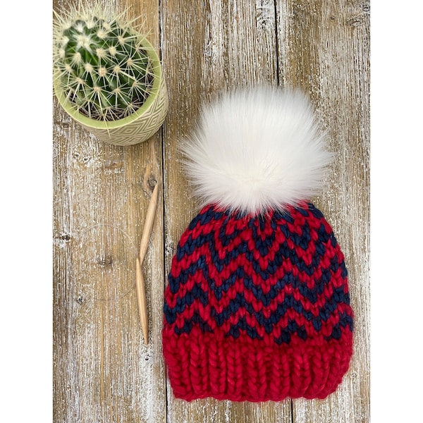 Luxury Adult red and blue beanie wool and luxury faux-fur Pom UArizona or New England Patriots