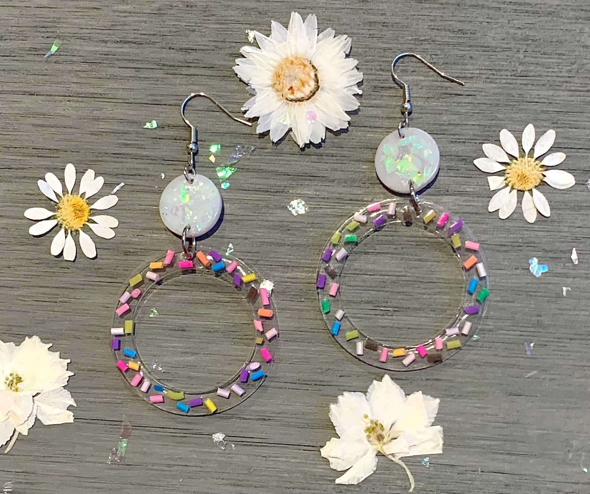 sprinkle earrings. Handmade resin sprinkle earrings. Big circular sparkly earrings.