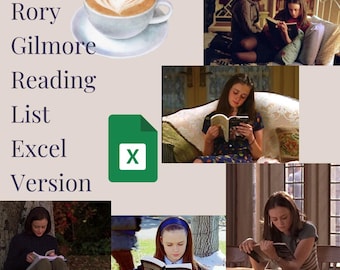 May include: A list of books to read, organised in an Excel spreadsheet. The list is titled "Rory Gilmore Reading List". The image includes several photos of a young woman reading books in different settings.