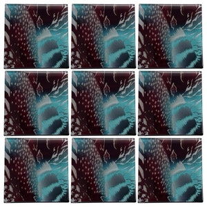 May include: Nine square glass coasters with a repeating abstract design. The design features a teal and white feathered pattern against a dark burgundy background. The coasters are arranged in a three-by-three grid.
