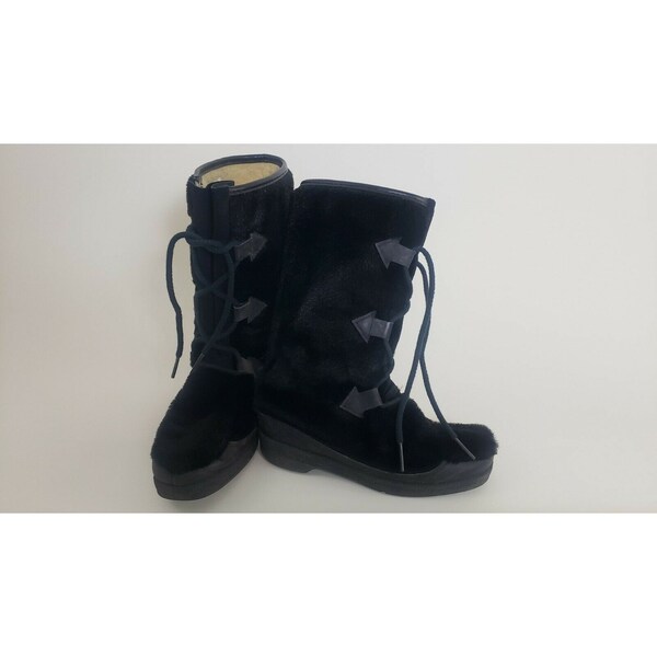Vtg Snowland Womens Snow Winter Boots Black Gray Fur Rubber Sole Size 7