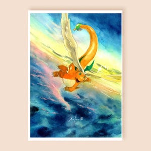 May include: Watercolour painting of an orange creature with a long neck and wings, flying through a colourful sky. The creature has a smiling face against a backdrop of blues, yellows, and pinks.