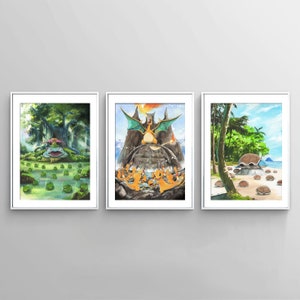 Könnte beinhalten: Set aus drei gerahmten Aquarelldrucken mit Szenen aus einer beliebten Zeichentrickserie. Die Kunstwerke zeigen verschiedene Charaktere in lebendigen, farbenfrohen Umgebungen, darunter ein Wald, ein Vulkanberg und ein Strand.