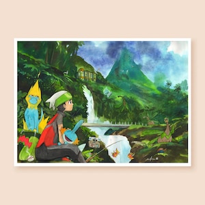 Puede incluir: Ilustración en acuarela de un exuberante paisaje verde con una cascada, un puente y una montaña. Una persona está pescando con criaturas de dibujos animados. La obra de arte tiene una paleta de colores vibrantes y un estilo caprichoso.