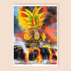 May include: A watercolor painting of a fiery Pokemon with a large, spiky, golden head and a brown body. The Pokemon is standing on a rock with lava flowing around it.