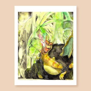 May include: A watercolor painting of a cartoon orange and red lizard with a green background. The lizard is sitting on a rock and has its mouth open. The background is a green forest with a large tree in the center. The text "CLONES" is at the bottom of the image.