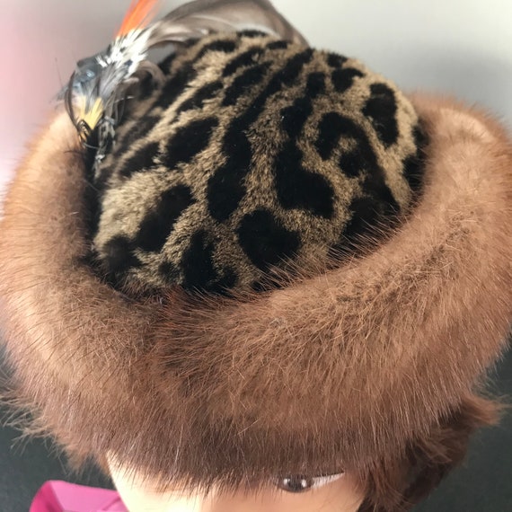 Women Exotic Spotted Fur Hat with Mink Fur Trim a… - image 9