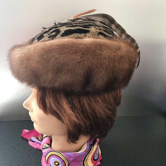 Women Exotic Spotted Fur Hat with Mink Fur Trim a… - image 7