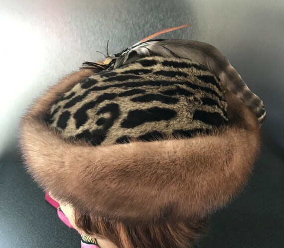 Women Exotic Spotted Fur Hat with Mink Fur Trim a… - image 8