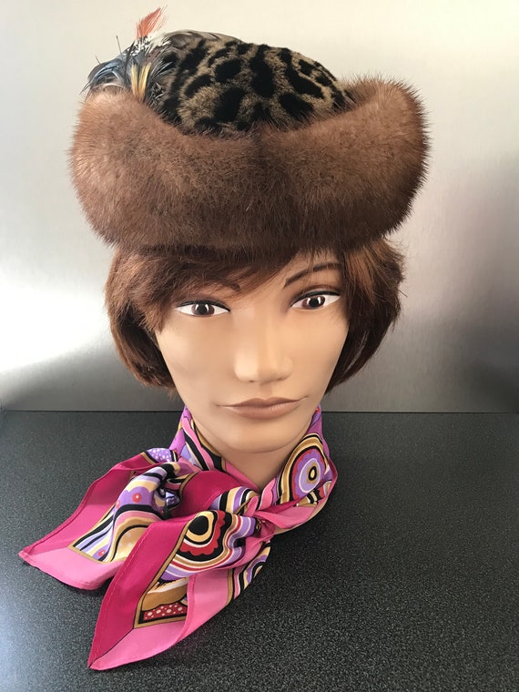 Women Exotic Spotted Fur Hat with Mink Fur Trim a… - image 4