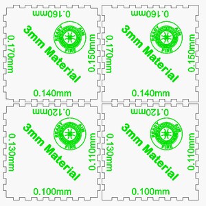 May include: Four green squares with black outlines and rounded corners. Each square has a green circle with the text "READY AIM FIRE" and "3mm Material" in green text. The squares are labeled with measurements in millimeters.
