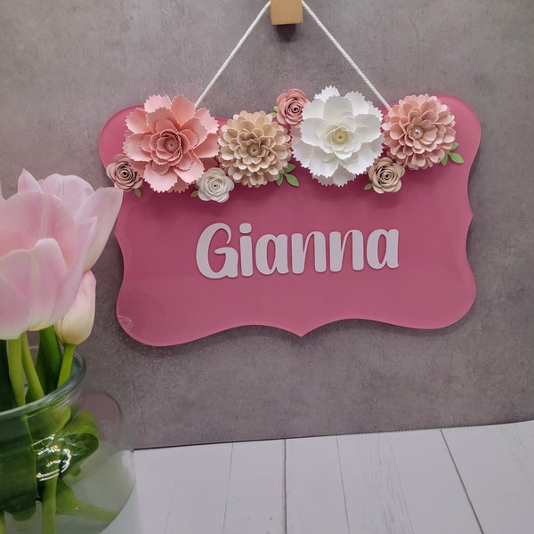 Custom Acrylic Hanging Sign, Personalized Name Sign, Business Sign, Wall Hanging Home Decor, Bathroom Sign with Flowers, Unique Gift Idea