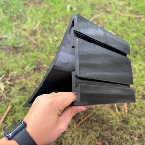 May include: A black, angular object with a ridged design, held in a hand. The object has a triangular shape with horizontal grooves. The background is blurred green grass and foliage.