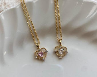 Pink and White Crystal Heart Necklace