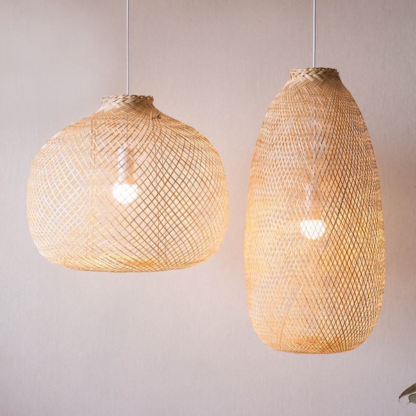 Bamboo Pendant Light, Fish trap lamp, Flexible Bamboo Lamp Shade, Yoga Light Fixture decor, Woven Hanging Lantern, Boho Ceiling Lighting