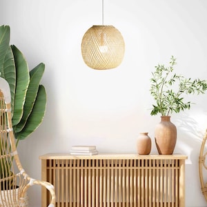 Bamboo Pendant Light, Round Bamboo Lampshade, Wooden Spherical Lamp, Ceiling Light, Natural Woven, Bohemian Decor, Bohemian Boho, Boho Decor