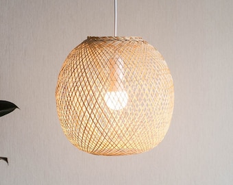 Eco-Friendly Round Boho Bamboo Handmade Pendant Hanging Lamp, Natural Lighting for Weddings, Events, Restaurant, Yoga Decor,Unique Gift Idea