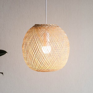 Round Bamboo Pendant Light, Spherical Bamboo Lampshade, Wooden Ball Lamp, Hanging Basket Natural Woven Bohemian Boho