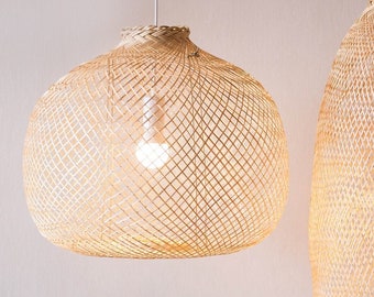 Handmade Bamboo Pendant, Flexible Japandi Bamboo Lampshade, Asian Wooden Lighting, Natural Woven Boho Ceiling Lamp