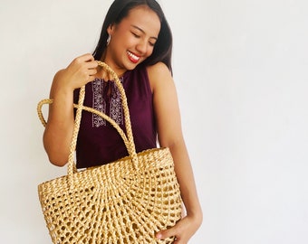 Handgefertigte Wasserhyazinthe Korbtasche, Gewebte Boho Strandtasche