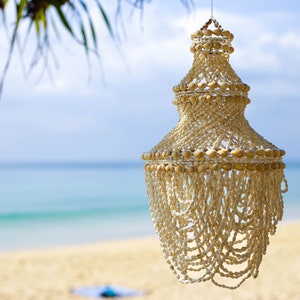 Puede incluir: Una lámpara de araña de conchas blancas colgando de una rama de árbol con un fondo de playa y océano.