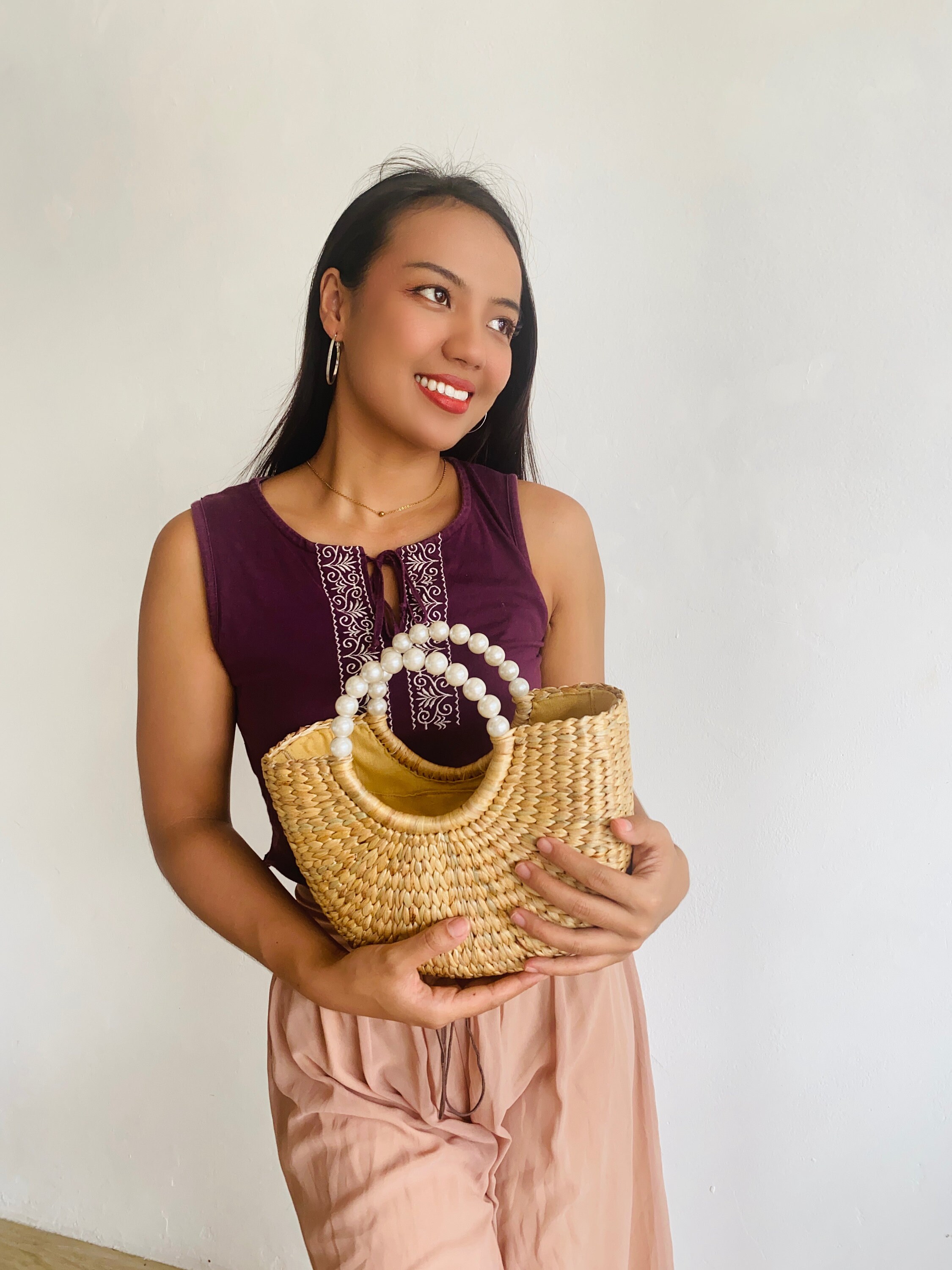 Handmade Water Hyacinth Boho Bag, Pearl Handle - Etsy